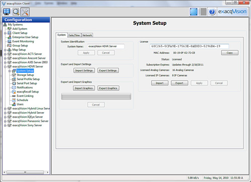 exacqVision system setup screen with import/export graphics